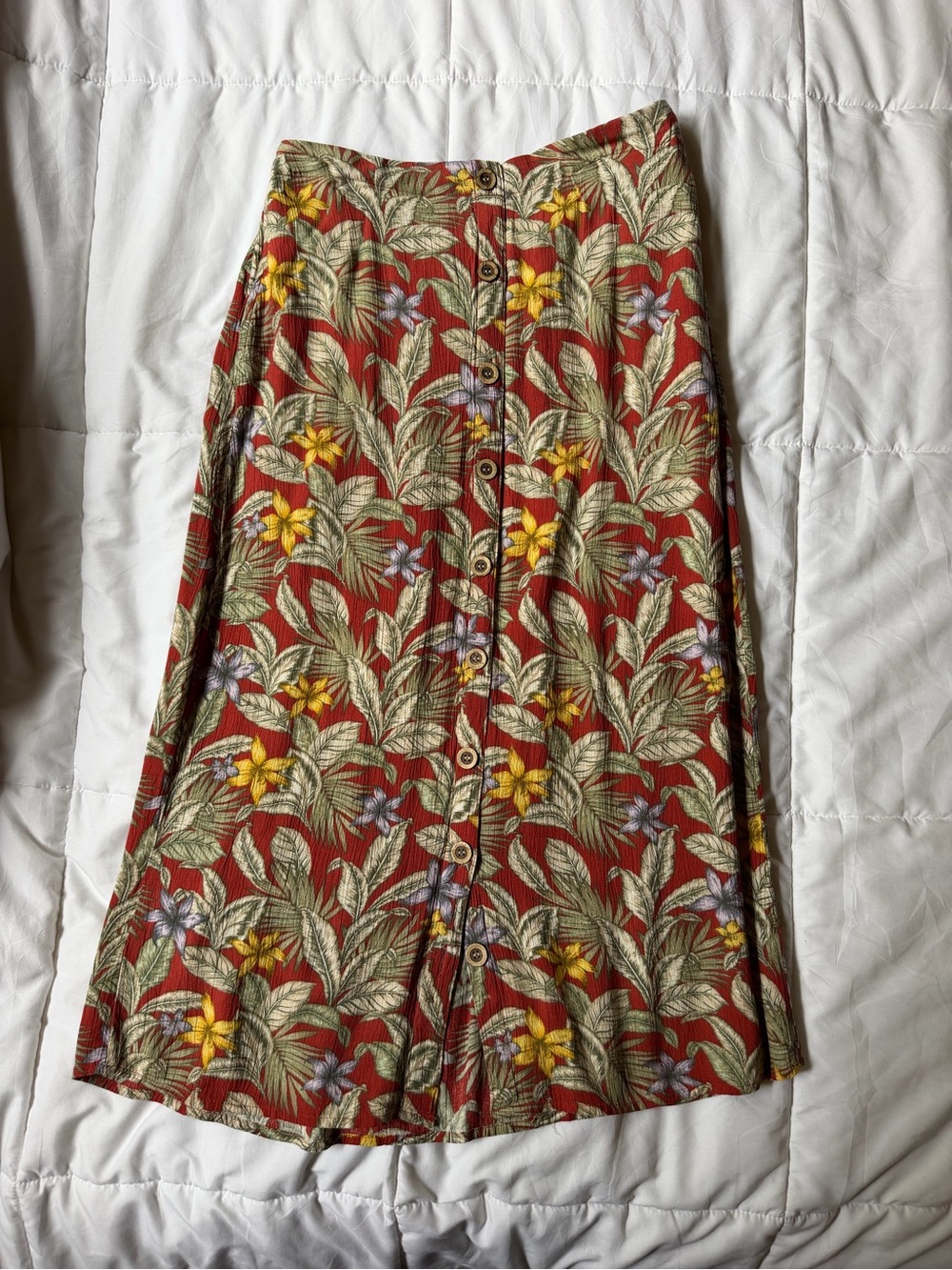 Floral Button-Front Red A-Line Midi Skirt